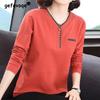 Spring Autumn V-neck Pure Cotton Patchwork Oversized T-shirt Ladies Lose Casual All-match Pullover Tops Women Comfortable Tees