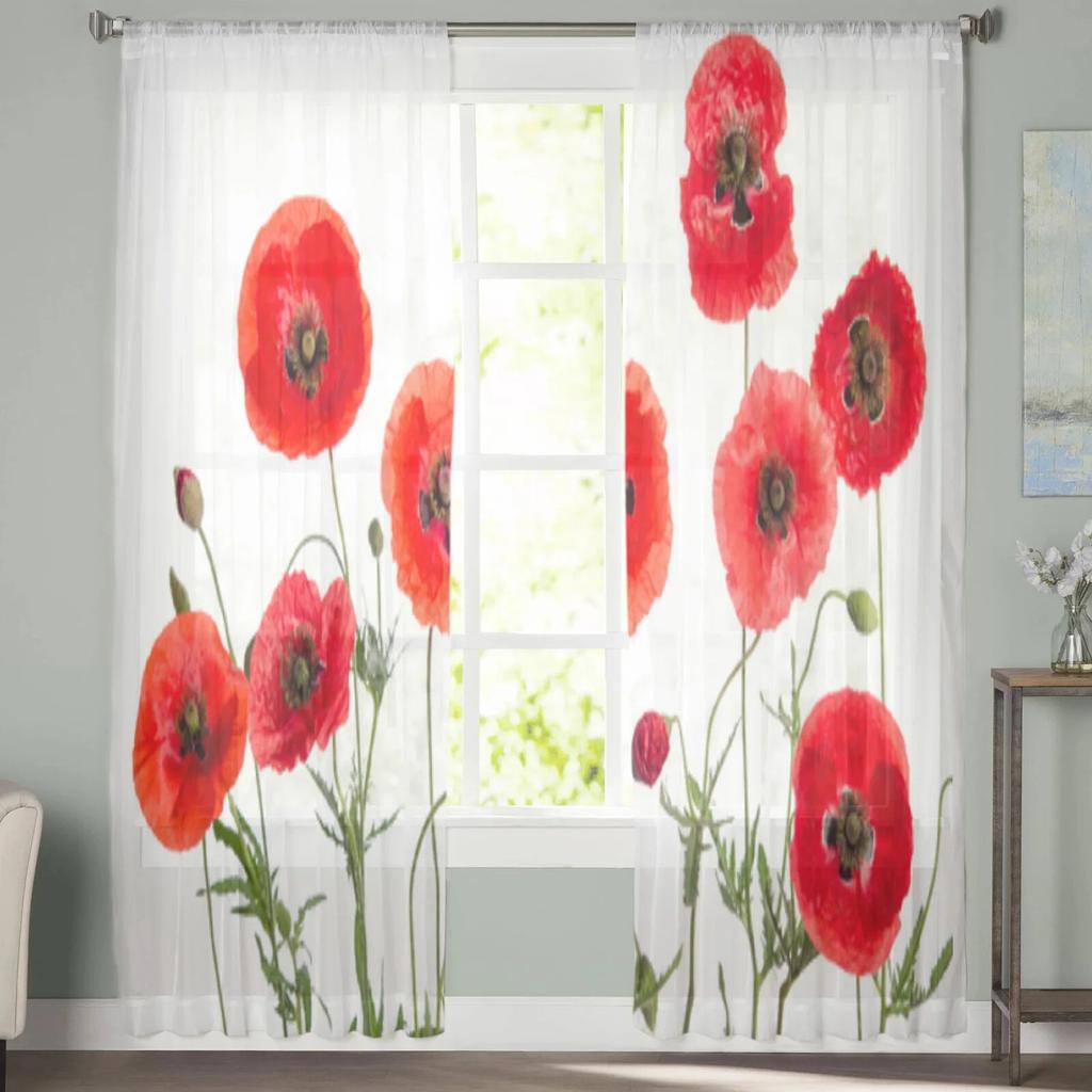 Тюлевые прозрачные оконные шторы с красным цветком мака для гостиной, спальни, современные шифоновые вуали, тканевые шторы