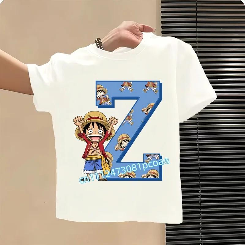 One Piece letter AZ childrens pure cotton shortsleeved boys sports shirtgirls casual top with cartoon printsummer Tshirt
