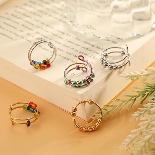 Zhenghebuy Fidget Anxiety Ring Set 7 Pcs Adjustable Anti Stress Spinning Beads Rings Open Spinner Colorful Rings for Girls Women
