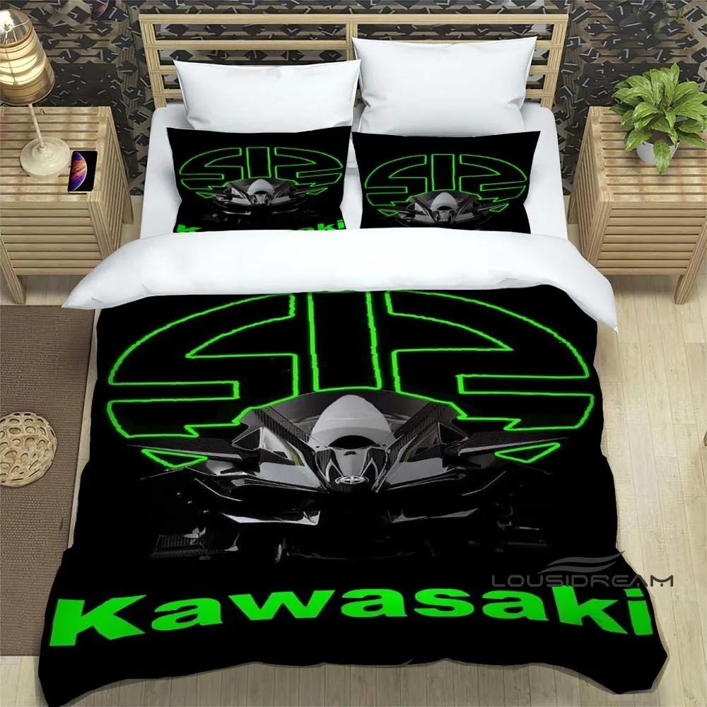 3D Ретро Принт Логотип Мотоцикла K-Kawasaki Комплект Постельного Белья Элегантный Комплект Постельного Белья Пододеяльник Покрывало на Кровать Роскошный Подарок на День Рождения