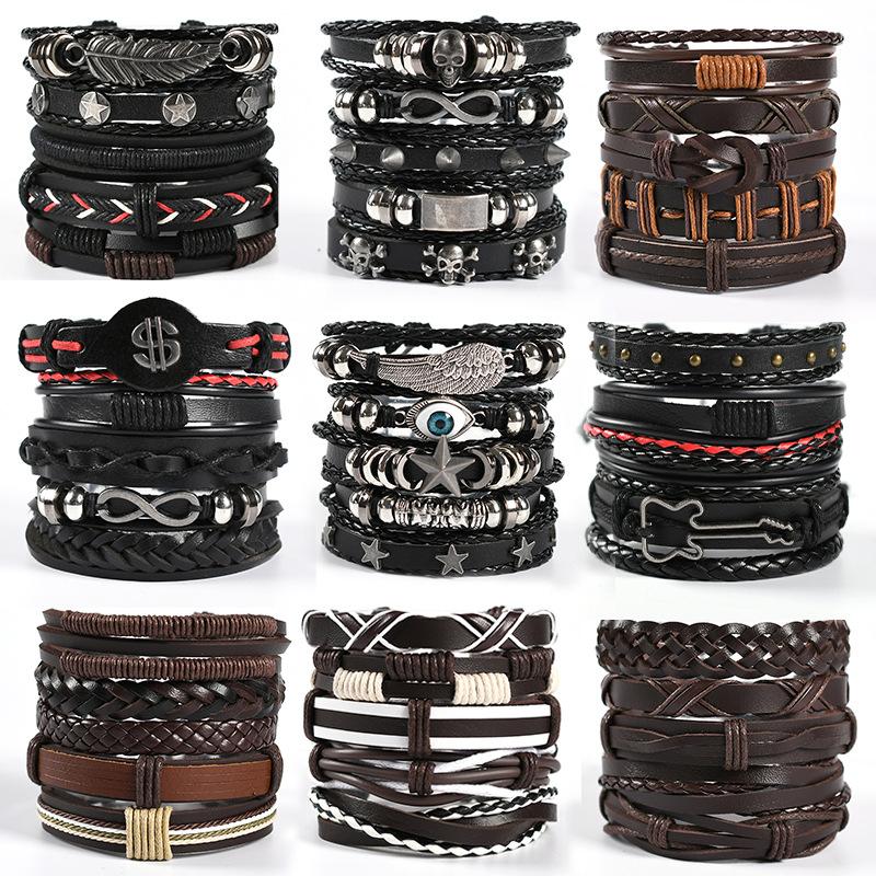 Vinatge Gothic Punk Skull Star Metal Multilayer Leather Bracelet Men Bracelets & Bangles Male Arm Jewelry