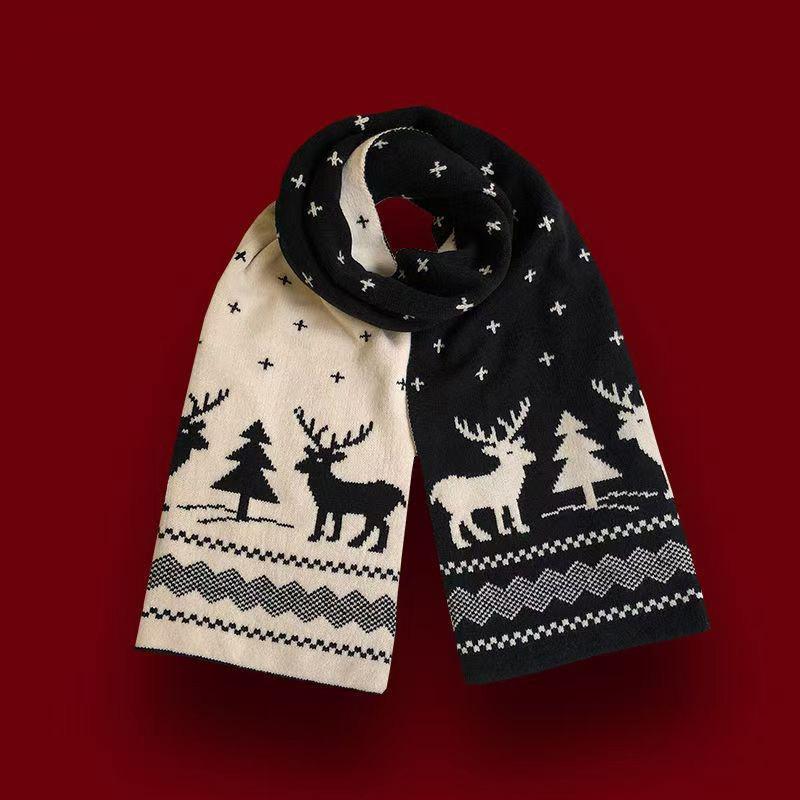 Knitted Scarf Christmas Deer New Scarf Female Winter Korean Versatile Cute Elk Red Student Warm and Windproof