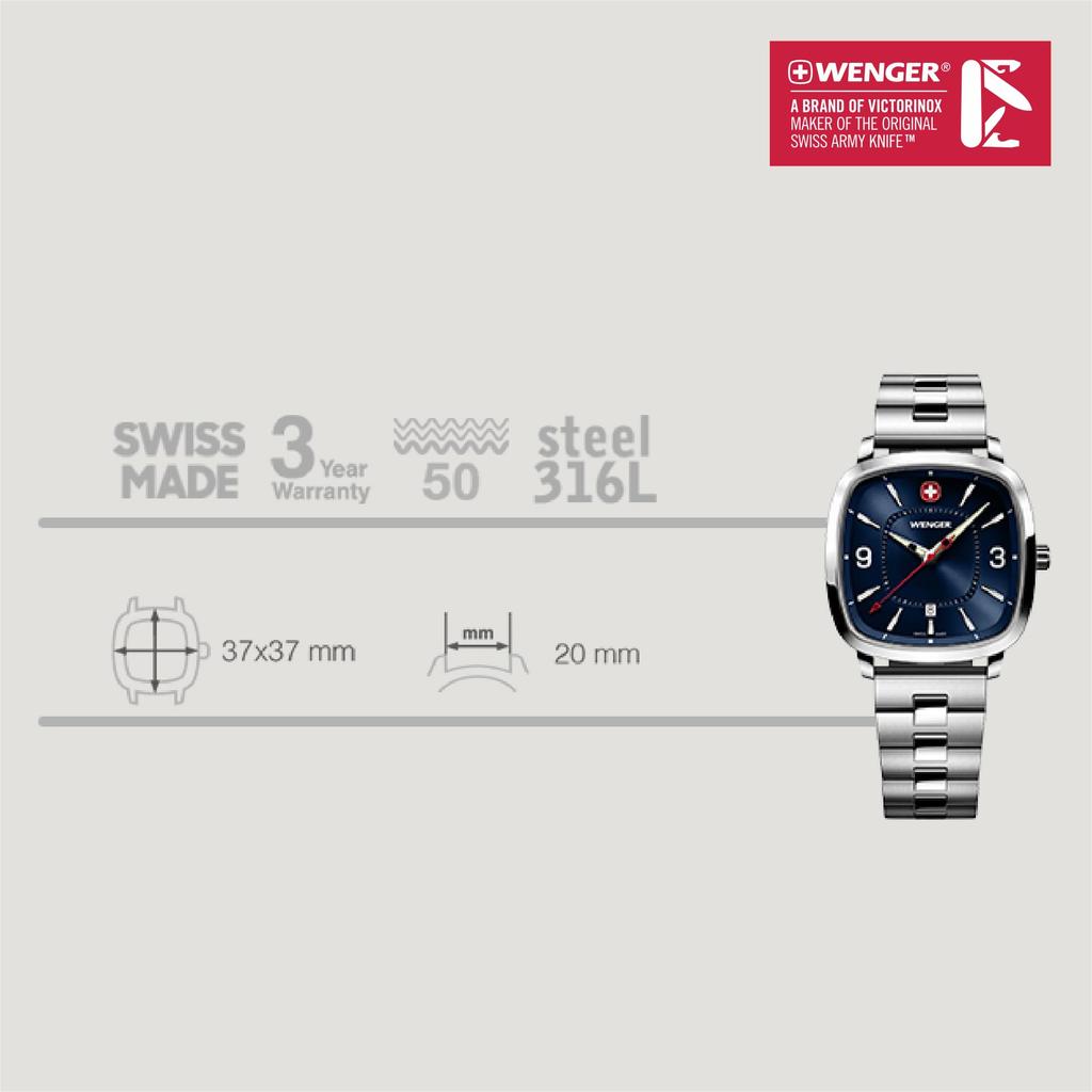 ВИНТАЖНЫЕ СПОРТИВНЫЕ ЧАСЫ WENGER Корпус из нержавеющей стали Синий циферблат Серебристый браслет из нержавеющей стали Кварцевые Водонепроницаемость 50 м Подарок Аналоговые Мужские (316L)
