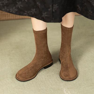Модные Элегантные на Низком Каблуке с Круглым Носком Замшевые Женские Полусапоги Осень Зима Мода 2025 Горячие Женские Ботинки до Середины Икры по Акции