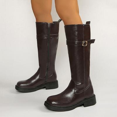 Модные ботфорты на платформе с пряжкой для женщин, длинные ботинки из искусственной кожи с боковой молнией, женские ботинки с широким носком и толстой подошвой для верховой езды