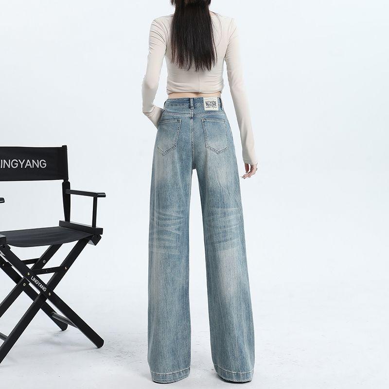 Tie mark washed narrow straight leg trendy brand high waisted casual jeans women's new style