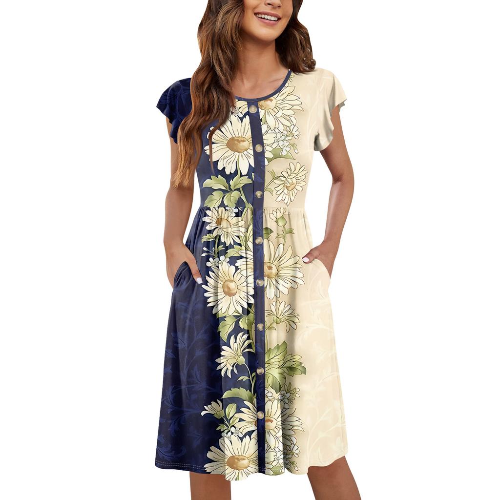 Женские летние платья с круглым вырезом и рукавами-крылышками, повседневные свободные платья-миди с карманами на пуговицах и принтом