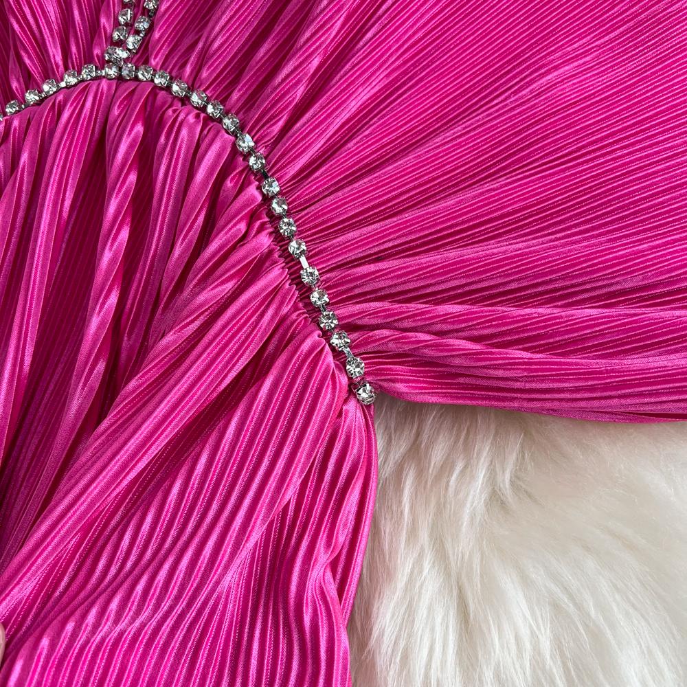 Высококачественное сексуальное темпераментное свободное плиссированное платье с v-образным вырезом и открытой спиной на талии и рукавами «летучая мышь»