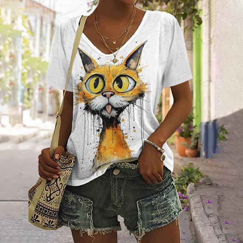 Summer Casual Cute Cat Female Commuting Elegant V-neck Short Sleeved Shirt T-Shirts Women’s 3D Top