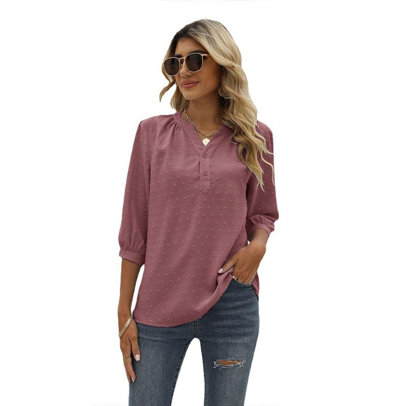 Весенне-летняя женская футболка с воротником-стойкой, рубашка со средними рукавами, жаккардовая повседневная блузка с комочком волос, свободный топ, рубашка