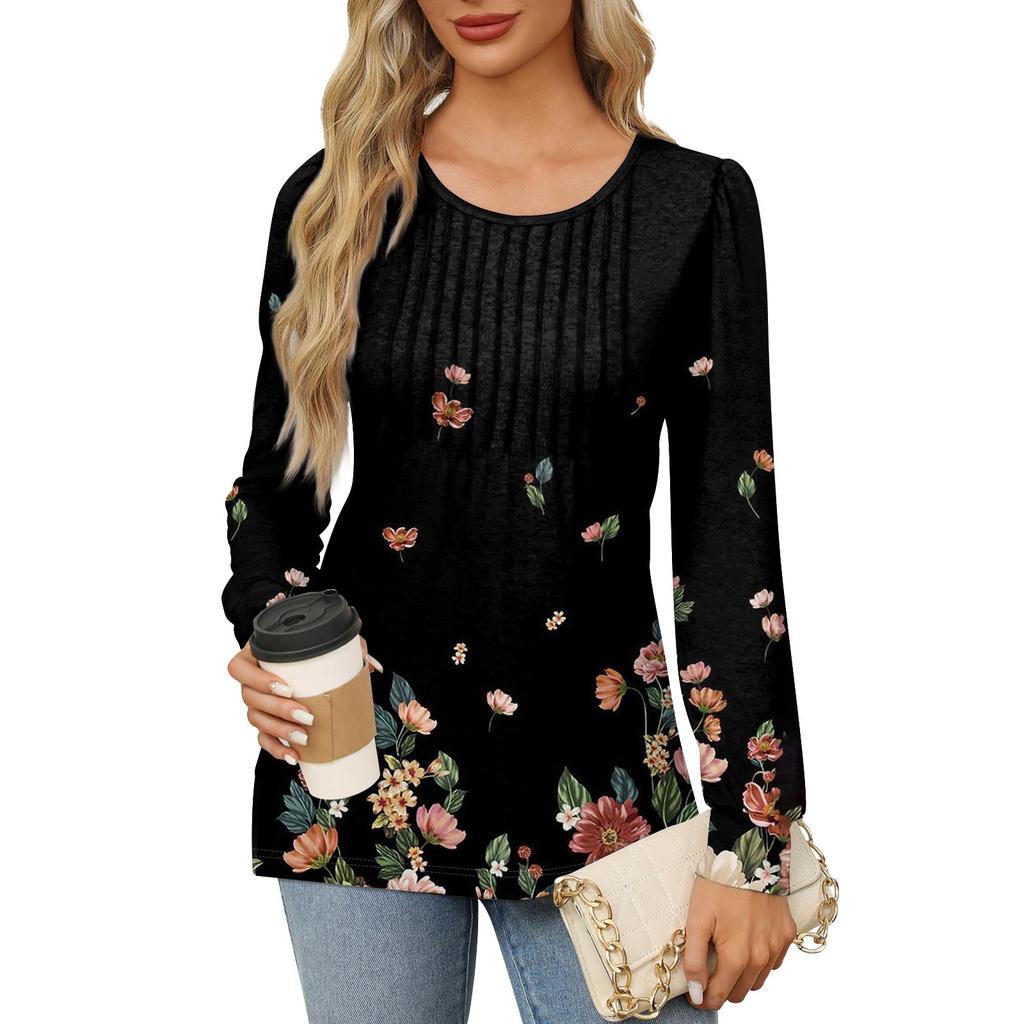 Women's Casual Top Gradient Printed Round Neck Long Sleeved Pleated T-shirt