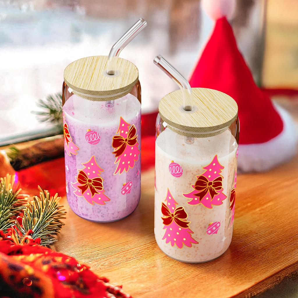 500ml Christmas Glass Cup Xmas Tree High Borosilicate Drinking Glass With Lid&Straw,Brush Juice Coffee Cup Christmas Gifts