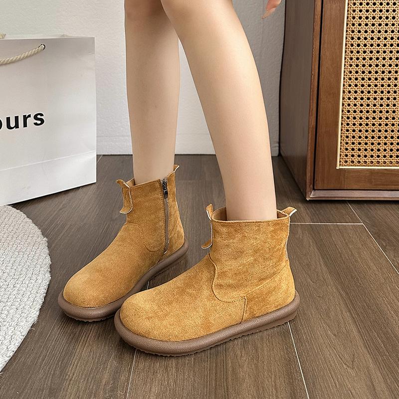 Низкий каблук с круглым носком, современные ботинки на молнии на плоской подошве с женской обувью 2024 года, высококачественные весенне-осенние однотонные лаконичные женские ботинки