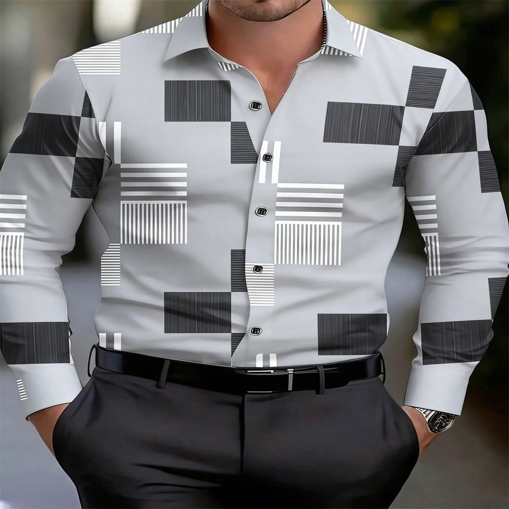 Must-have men's long-sleeve shirt, geometric patchwork design, stylish for any occasion.