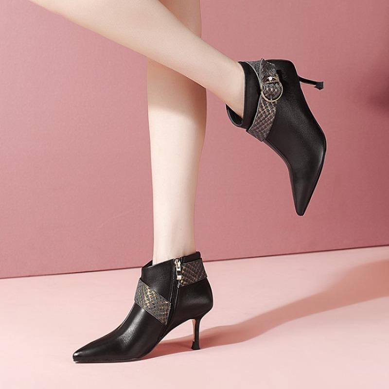 Fashion Ankle Boots Women New Elegant Pointed Toe High Heels Dress Shoes Thin Heels Booties Buckle Snake's Skin Winter Shoes Black