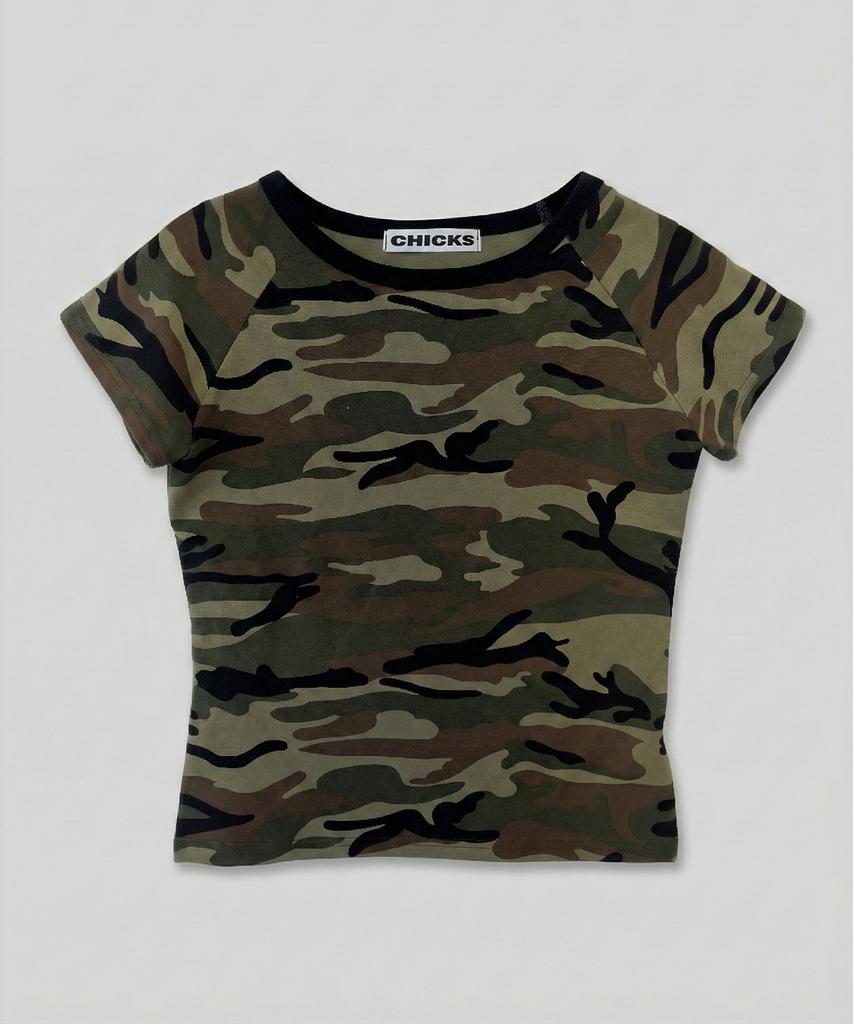 CHICKS Camo Slim Fit Basic T-Shirt Khaki