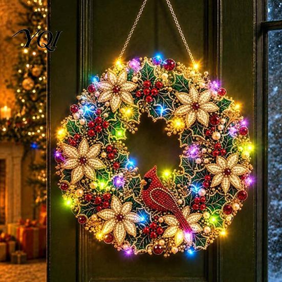 Craft Kits for Adults DIY Acrylic Christmas Faux Pearl Art Hanging Kit, Lighted Wreath 3D Beaded Customizable Holiday Kit with LED String Light,