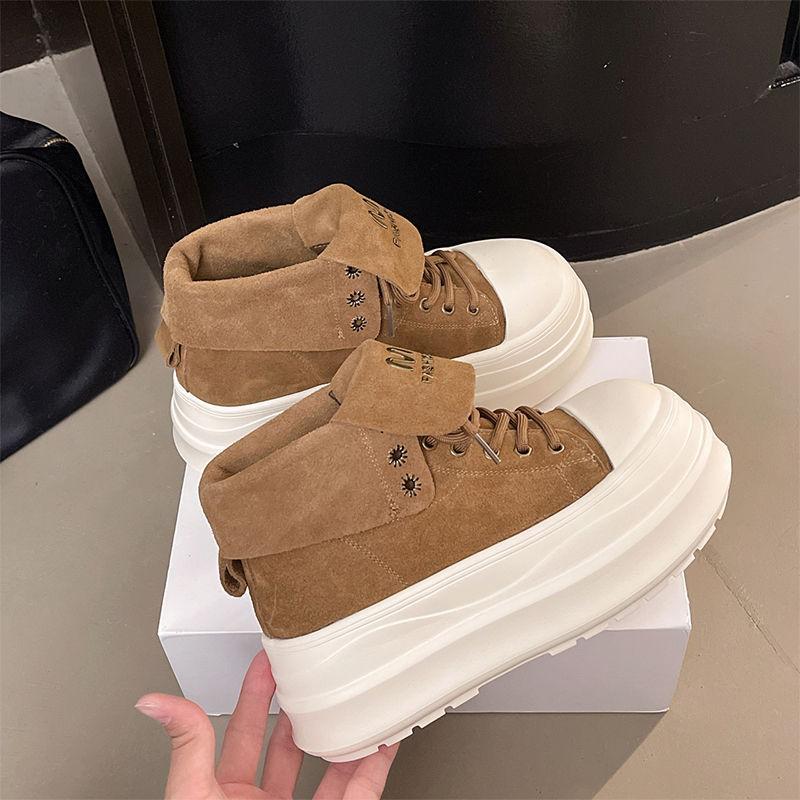 Retro Lapel Lace-up Muffin Platform High-top Shoes Women's Martin Boots New Small Height-increasing Casual Shoes