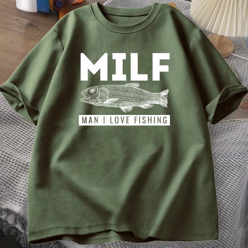 Футболка MILF с рыбой Смешная Рыба Дизайнерская Одежда Хлопок Короткий Рукав Футболка Унисекс Повседневная Базовая Верх Женская Футболка Мужская Одежда