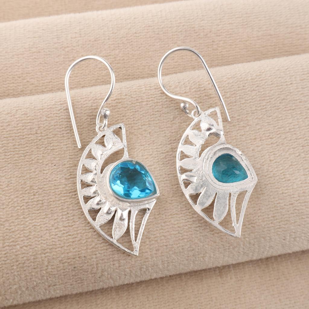 Natural Swiss Blue Topaz Gemstone Silver Earring 1.5" , 925 Sterling Silver Jewelry, Topaz Earring For Gift CE-26-15