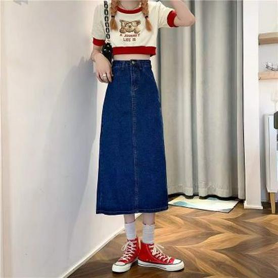 Женская джинсовая юбка А-силуэта с высокой талией - Приталенная, для высоких, средней длины для осени 2022