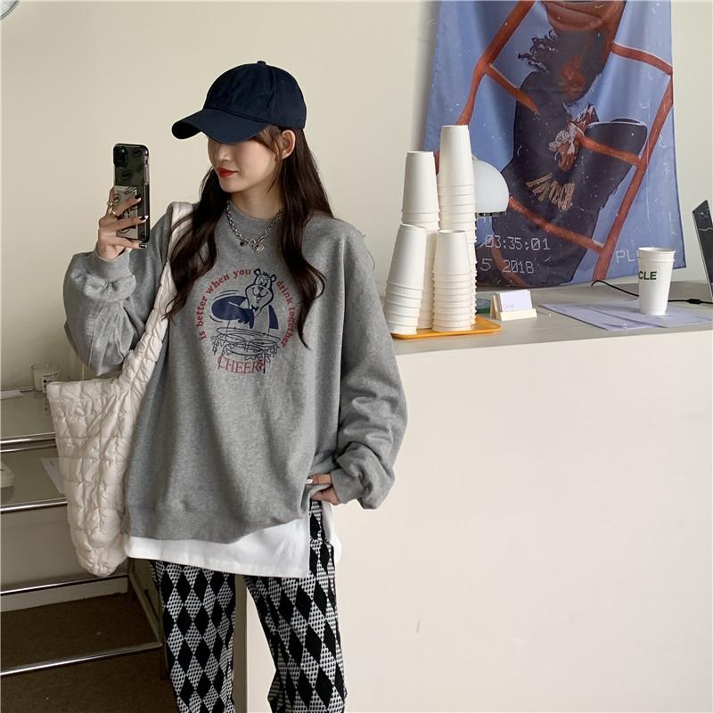 Women Long Sleeve O Neck Loose Pullovers Female Tops Solid Color Sweatshirts