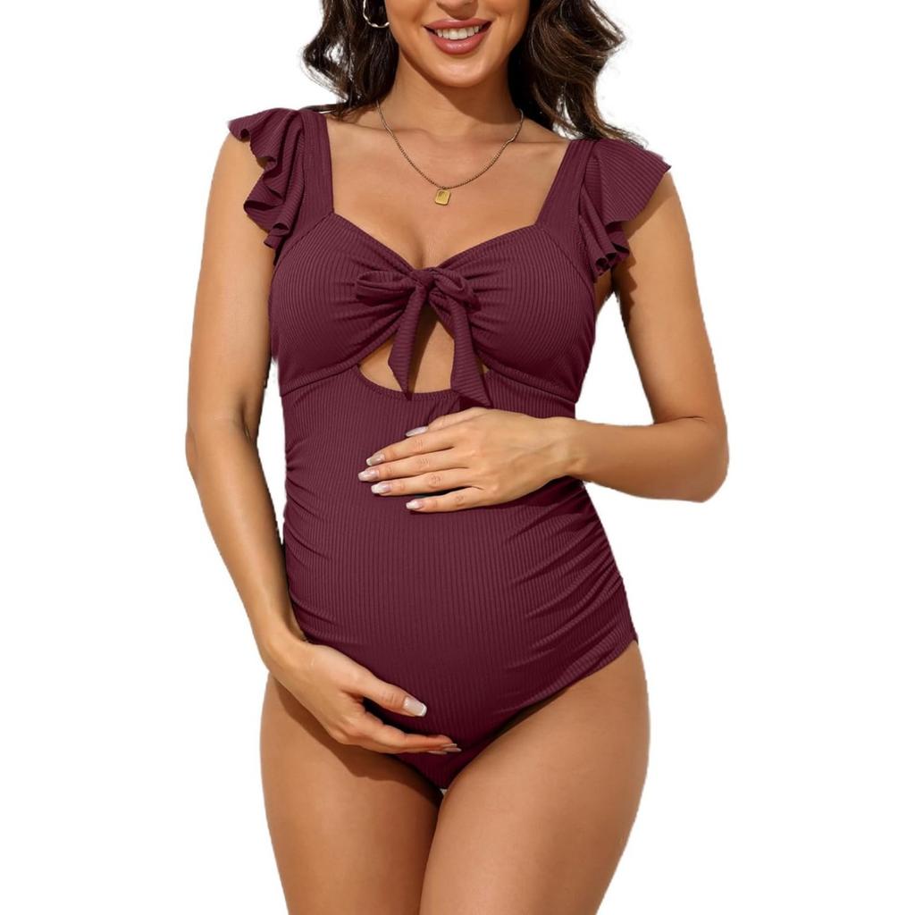 CHARMLEAKS Купальные костюмы для беременных с рюшами для женщин, купальный костюм для беременных в рубчик с завязками и вырезами, рюшами, купальник для беременных