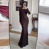 Женское кружевное макси-платье-русалка с длинным рукавом, однотонное коричневое, элегантное вечернее платье