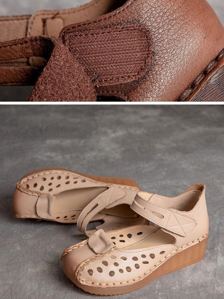 Johnature Versatile Genuine Leather Hollow-out Sandals Retro Hook & Loop Comfortable Women's Wedges Shoes