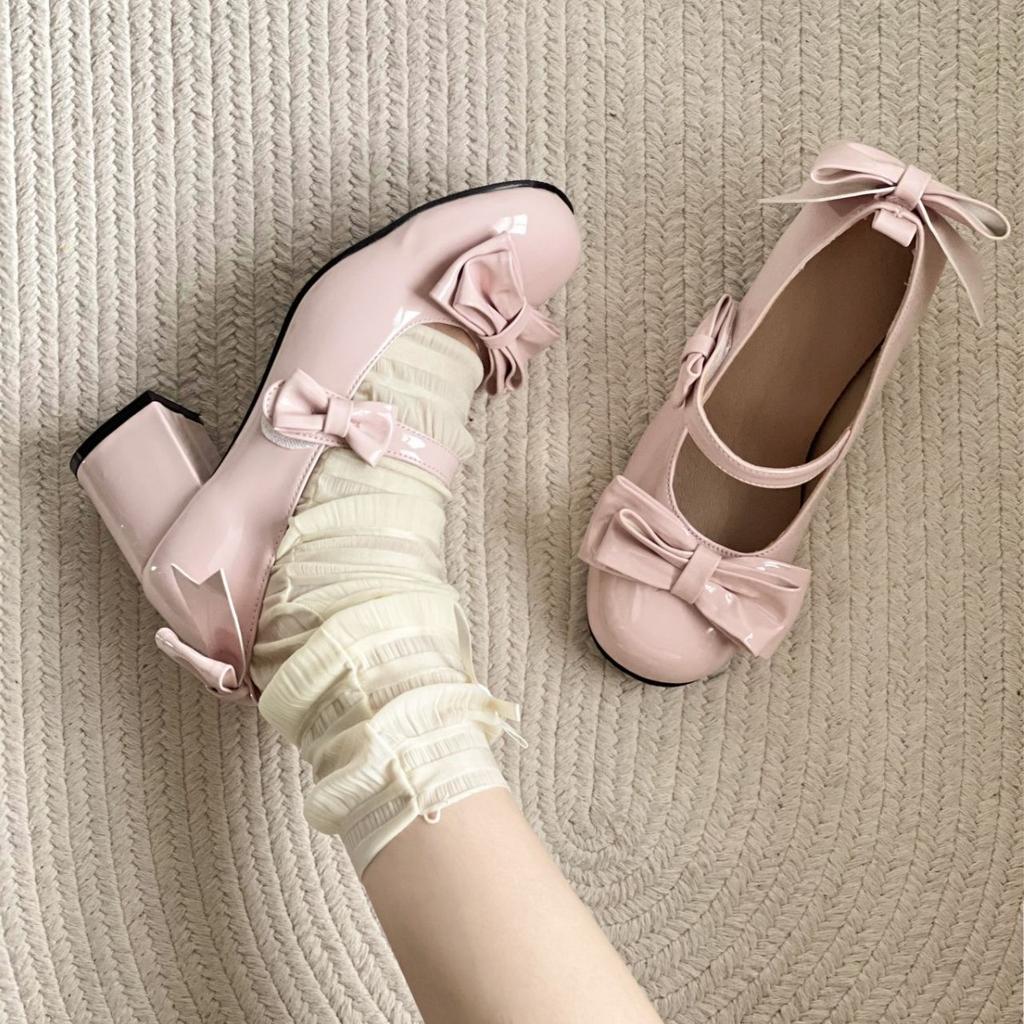 Super Fairy Temperament Sweet Thick Heel Small Leather Shoes Women's 2024 Summer New Round Head Cute Bow Women's Shoes Mary Jane