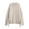 Casual and Stylish High Slit Striped Fringe Long Sleeve Round Neck Knitted Sweater