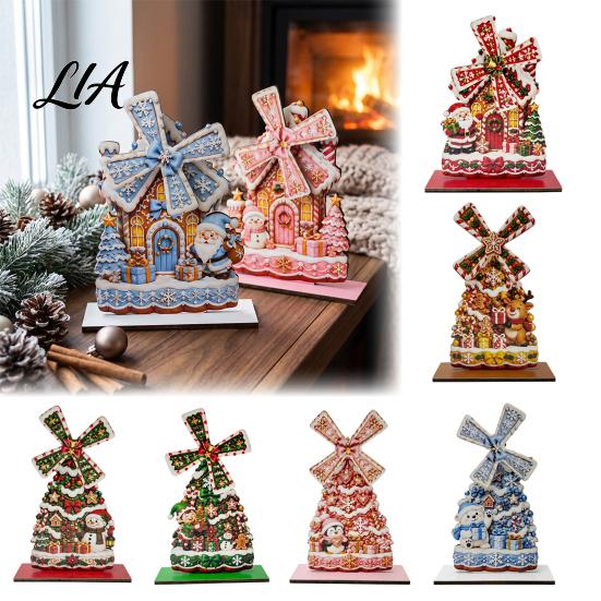 Christmas Snowman Home Accents Windmill Wooden Ornament, Decorative Craft with Rotating Theme Desktop Ornament Blades, Handmade Figurine for
