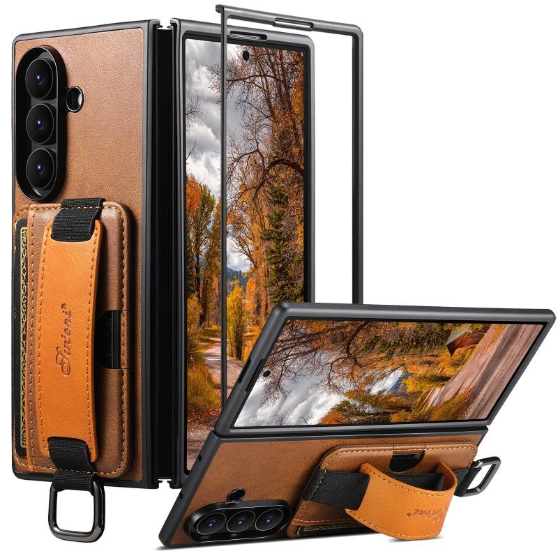 Чехол для телефона Samsung Galaxy Z Fold 8 Ultra 7 6 5 Ударопрочный с ремешком на запястье, кольцом-держателем, из искусственной ретро ПУ кожи, с держателем для карт, подставкой