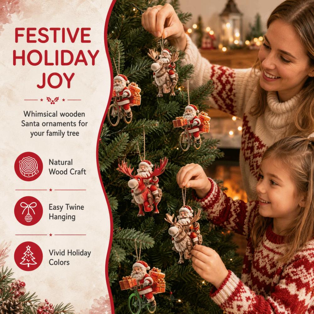 Unique Wooden Hanging Pendants 2D Flat Christmas Decorations Set Santa Claus Ornaments Gift