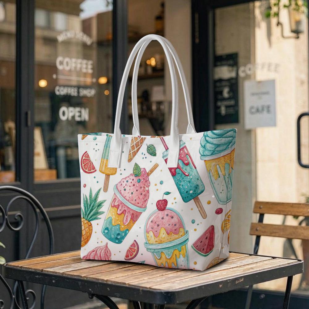 Cute Summer Dessert Print Shoulder Bag for Women Casual Large Capacity Daily Commute Tote Bag Portable Reusable Grocery Shopping Handbag