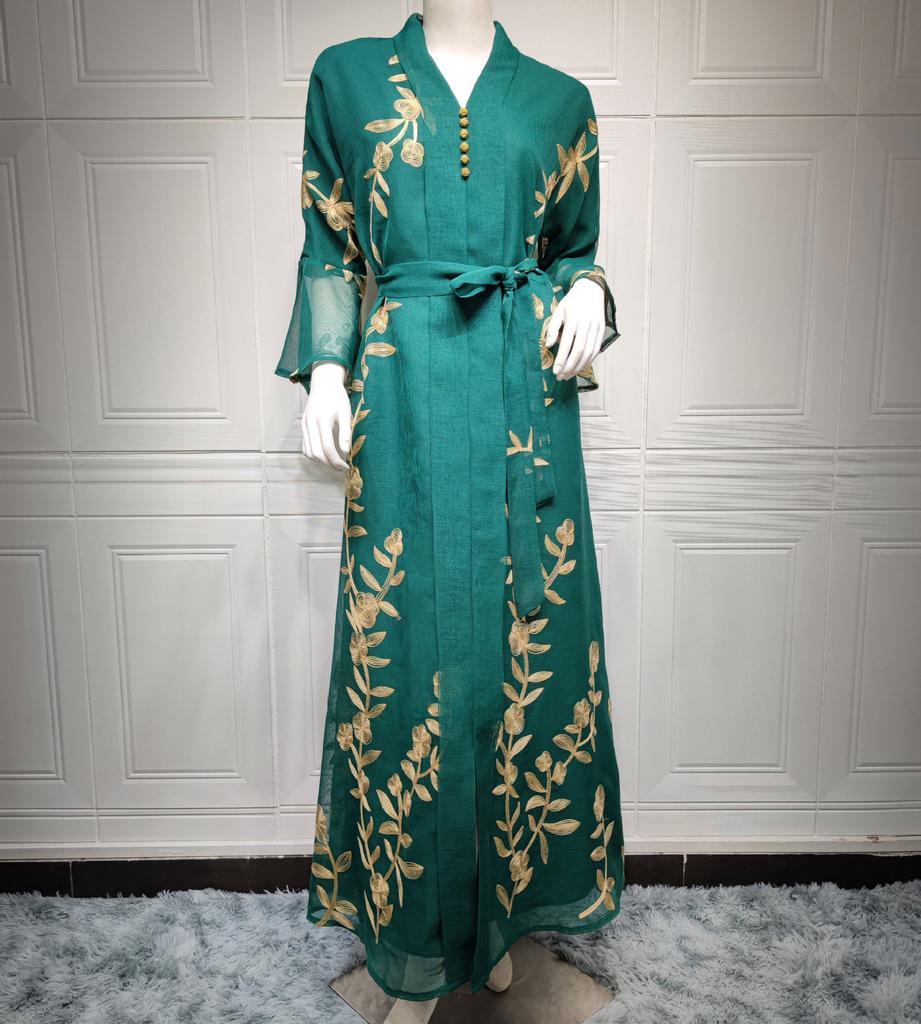 Мусульманский сетчатый вышитый халат с V-образным вырезом, облегающее свободное арабское платье