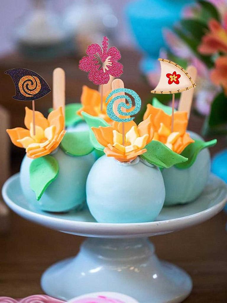 30 PCs Glittery Moana Inspired Cupcake Toppers Moana Cake Hawaiian Birthday Party Decoration for Tropical Luau Summer Party