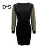 Women Dress Square Neck Long See Through Mesh Sleeves Sequin Slim Fit High Waist Sheatn Solid Color Prom Party Dating Mini Dress