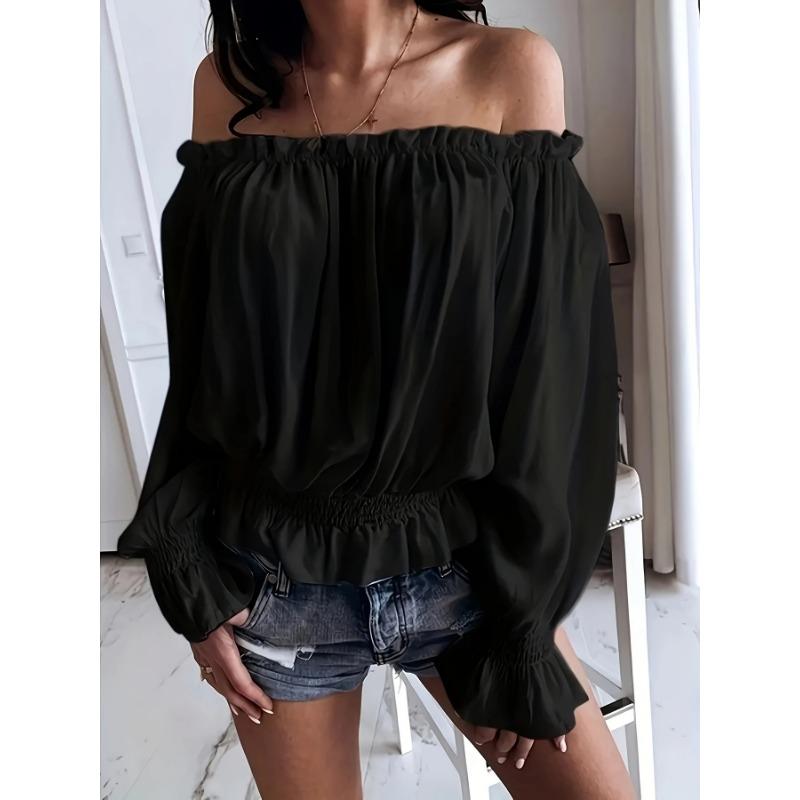 Women's New One Neck Chiffon Shirt Waisted Ruffled Hem Long-sleeved Short Section Summer Sweet Blouse
