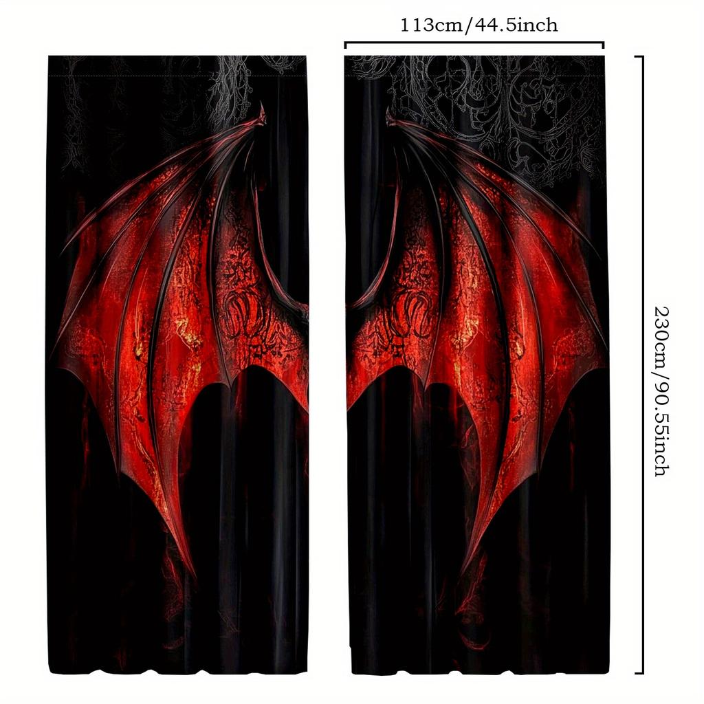 2pcs Gothic Red Bat Pattern Curtains   Semi-Transparent Polyester Drapes with Intricate Black Design for Bedroom & Living Room De