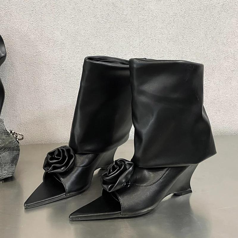 Модные женские ботильоны-сандалии Eilyken в уличном стиле с цветами, с открытым носком и острым носком, на модной танкетке и высоком каблуке