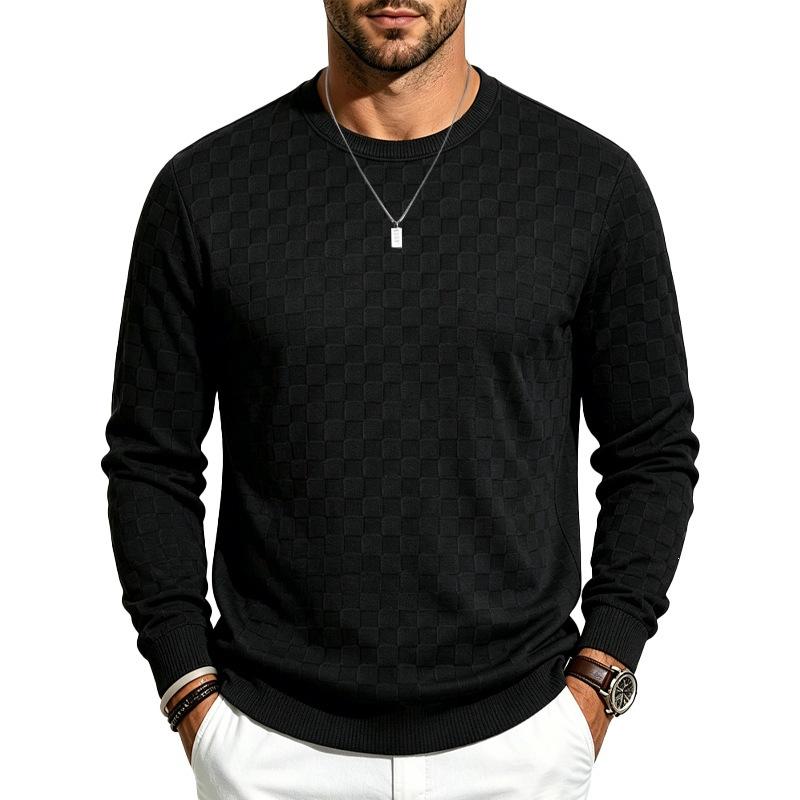 Men S Round Neck Long Sleeve Knitted Sweater Checkered Jacquard Casual Pullover