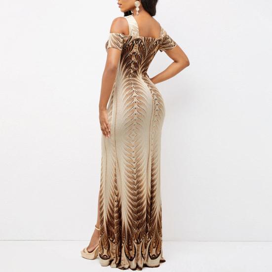 Lady Petticoats Plus Size 3D Digital Print Bandeau Waist Tight Short Sleeve Party Dress Women Off Shoulder Sling Split Hem Maxi Dress