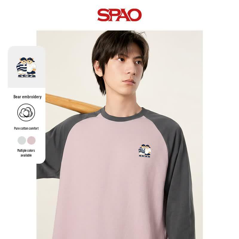Мужская футболка SPAO с длинным рукавом, цветные блоки, с рисунком маленького медведя