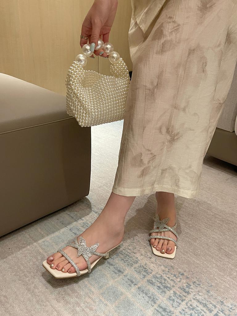 Мода Модные женские туфли-слайды с открытым носком Летние туфли на тонком высоком каблуке Повседневные туфли-лодочки для вечеринок Дамские серебристо-белые туфли для женщин