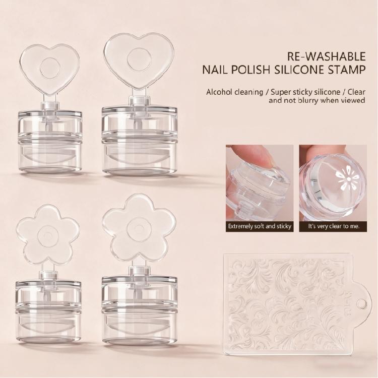 Штамп для ногтей с цветочным узором в форме сердца со скребком для многоразового маникюра с прозрачной силиконовой подушечкой