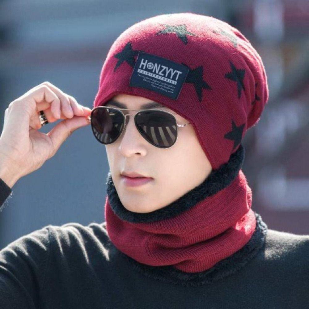 Plush Men's Beanie Cap Star Neck Scarf Hat Fashion Winter Hat Scarf Set Female/Male