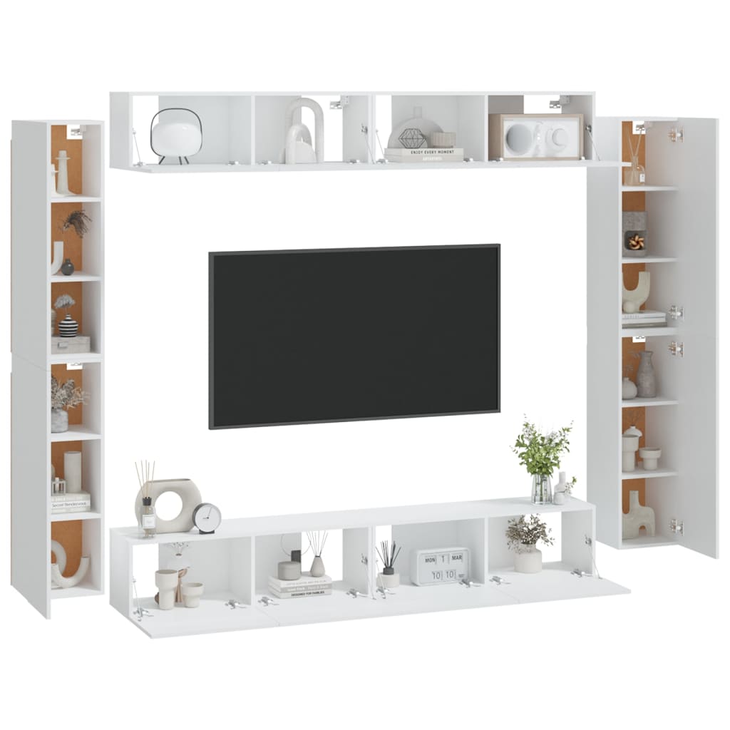 8 piece TV cabinet set white particleboard