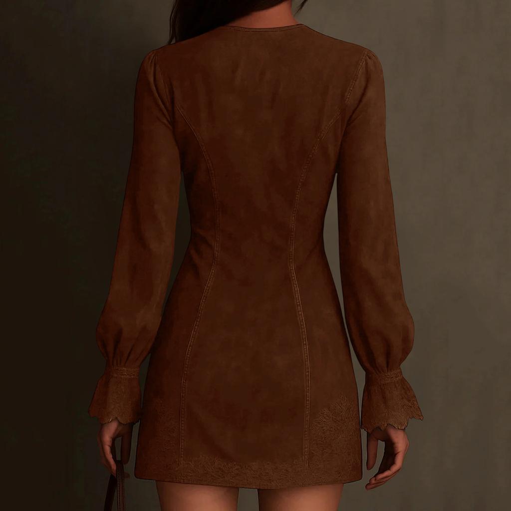 Женское замшевое платье с V-образным вырезом, на молнии, с кружевным длинным рукавом, однотонное, винтажное